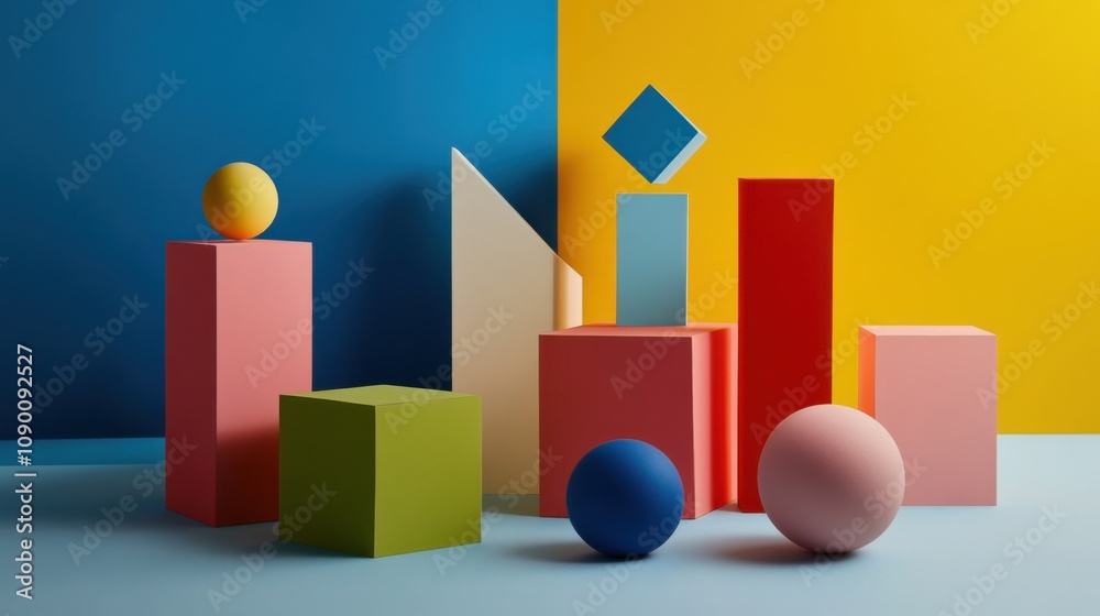 Poster a minimalist arrangement of diverse geometric shapes in various colors, reflecting the concept of in