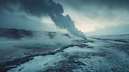 Obraz premium Steam rising from geothermal landscape under a moody sky.