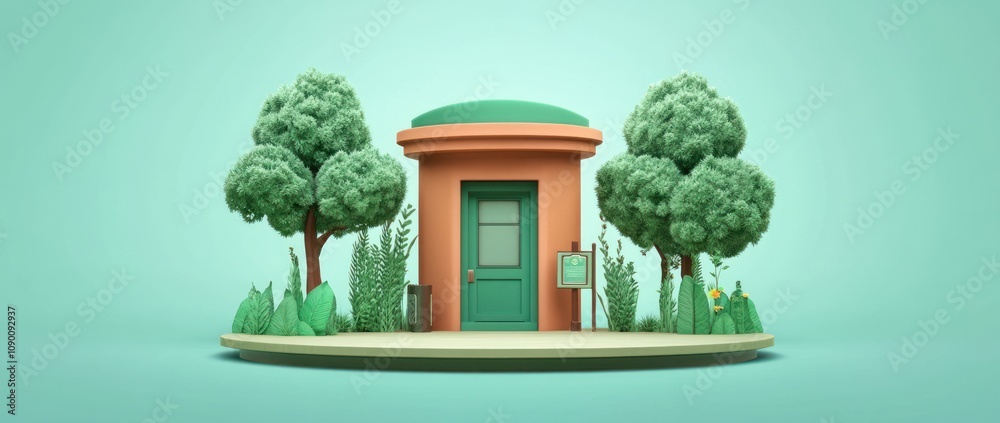 Poster A stylized, colorful building surrounded by trees and greenery on a circular platform.