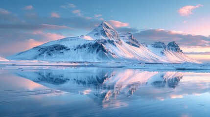 Fototapeta premium Snow-capped mountain reflecting in calm water at sunrise.