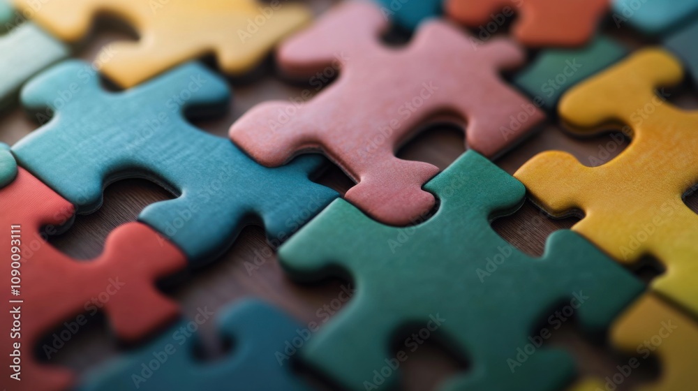 Poster a minimalist depiction of interlocking, multi-colored puzzle pieces forming a cohesive, abstract pat