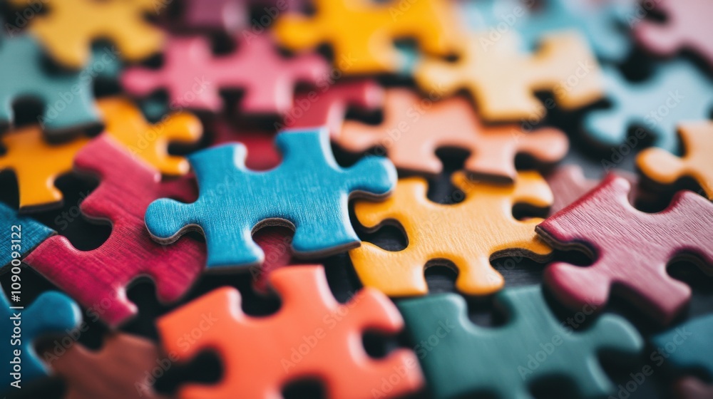 Poster a minimalist depiction of interlocking, multi-colored puzzle pieces forming a cohesive, abstract pat