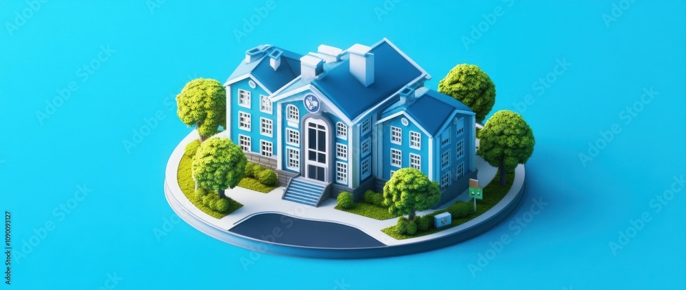 Poster a stylized blue building with trees and a pathway, representing a welcoming environment.