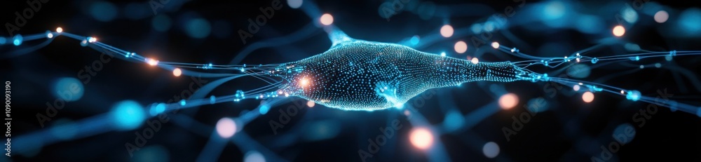 Poster A digital representation of a neuron with glowing connections, illustrating neural networks.