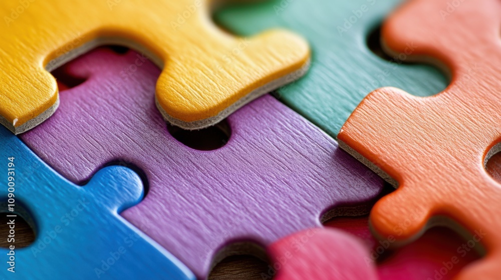 Poster a minimalist depiction of interlocking, multi-colored puzzle pieces forming a cohesive, abstract pat