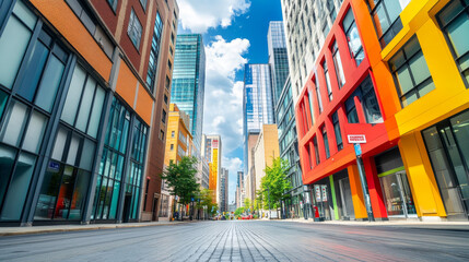 Fototapeta premium Vibrant City Street, Modern Architecture, Colorful Buildings, Urban Landscape, Wide Angle Photo