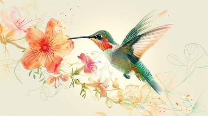 Hummingbird feeding on vibrant flowers.