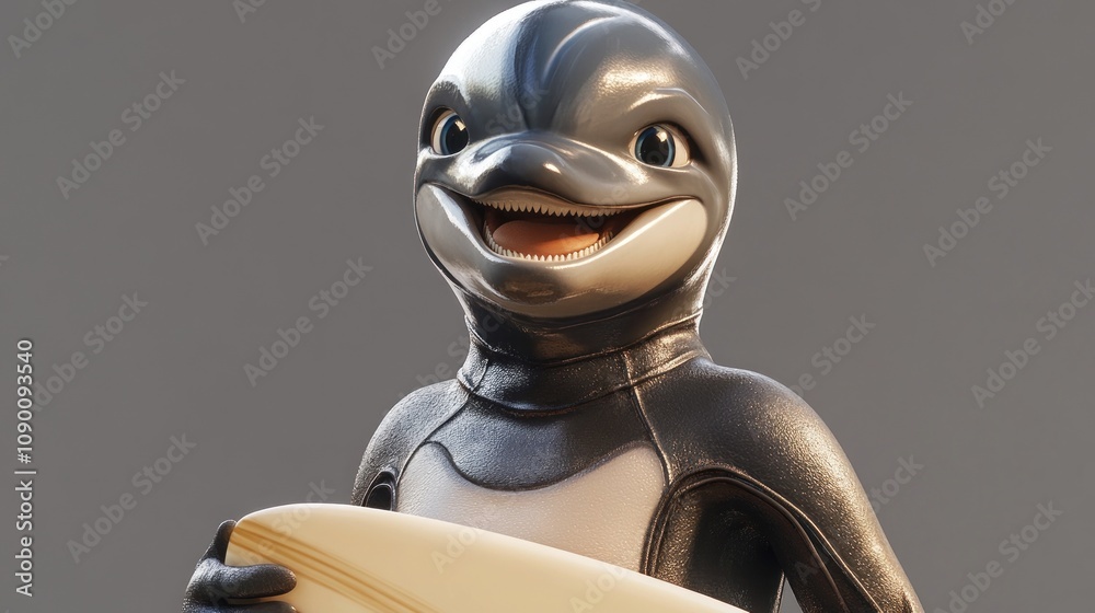 Poster a cheerful dolphin character holding a surfboard, designed for a playful and fun atmosphere.