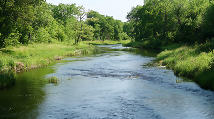 Tranquil River, Lush Green Banks, Peaceful Nature, Serene Waterscape, Summer Landscape