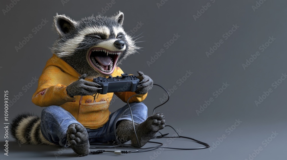 Poster A raccoon character joyfully playing video games with a controller.