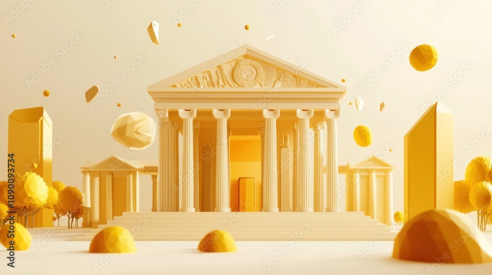 Poster a stylized, minimalist architectural structure in warm tones, surrounded by abstract shapes.