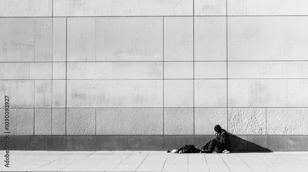 Poster A minimalist portrayal of homelessness, using fragmented urban elements and empty spaces, Highlighting the issue of poverty and lack of shelter