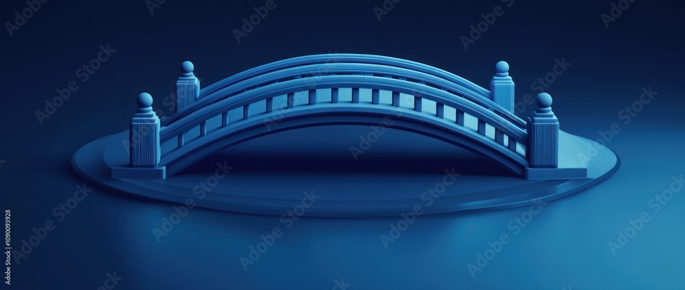 Poster a stylized blue bridge model displayed on a smooth surface.