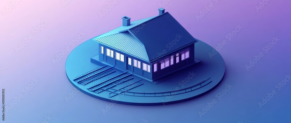 Poster a stylized 3d model of a train station with tracks, set against a gradient background.