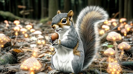 Obraz premium A cute squirrel holding a nut amidst glowing mushrooms in a forest setting.