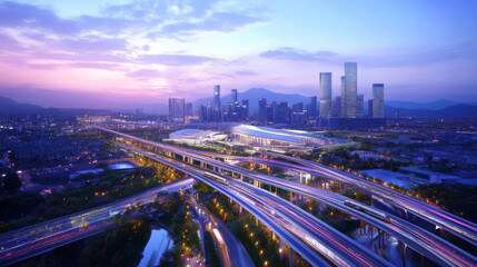 Cityscape Sunrise: High-Speed Rail, Modern Architecture, Elevated Highway, Urban Development, Twilight