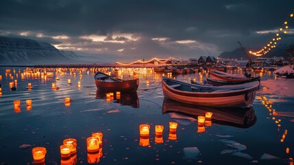 Obraz premium Serene winter scene with illuminated boats and floating candles.