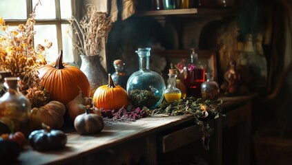 Fototapeta premium Autumnal Still Life with Pumpkins and Potions