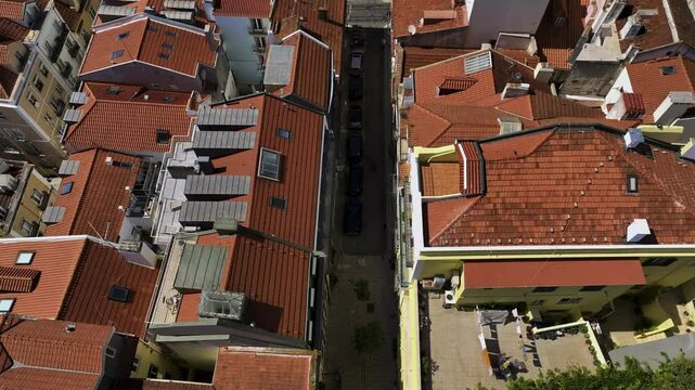 Drone footage of the roofs of Lisbon.