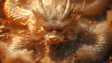 Majestic golden dragon emerging from smoke.