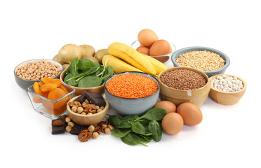 Different products rich in iron on white background. Anemia diet plan