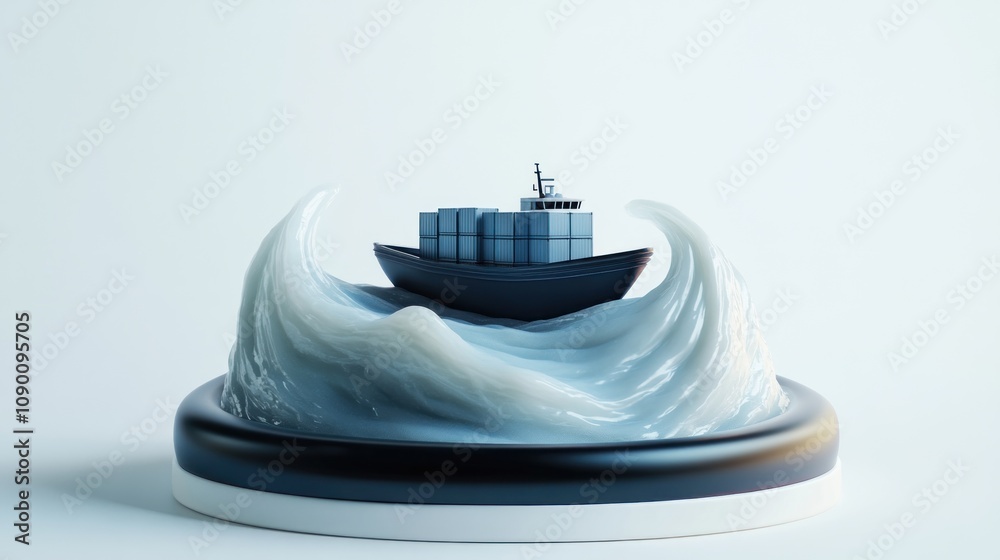 Poster a stylized cargo ship navigating through a wave, symbolizing maritime transport and logistics.