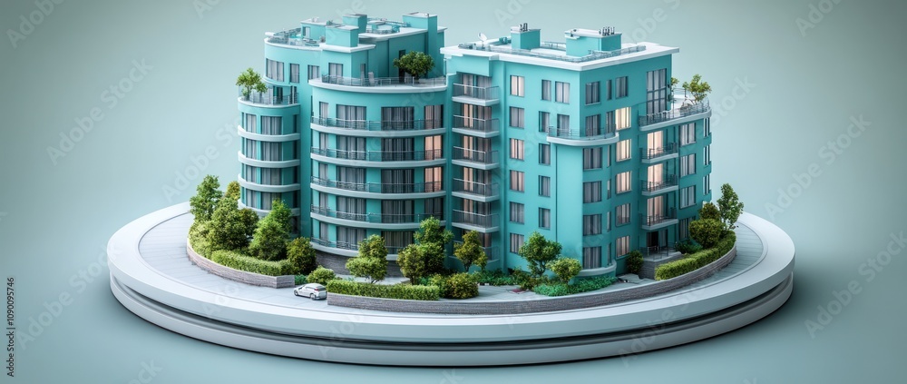 Poster a stylized architectural model of a modern building surrounded by greenery.