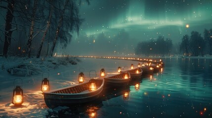 Serene winter scene with lantern-lit boats under auroras.
