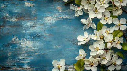 A serene composition featuring delicate white blossoms with green leaves, set against a rustic, weathered blue background, symbolizing the arrival of spring. 