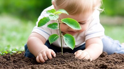 A toddler joyfully plants a young tree in the soil, showcasing the beauty of nature and early childhood engagement in gardening.