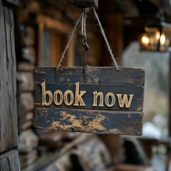 Book now sign hangs outside a cabin available for rent.