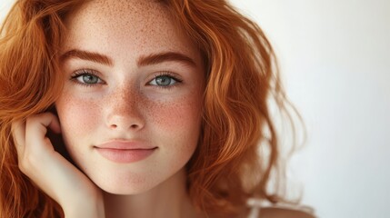 Naklejka premium Close-up portrait of a smiling freckled redhead woman.