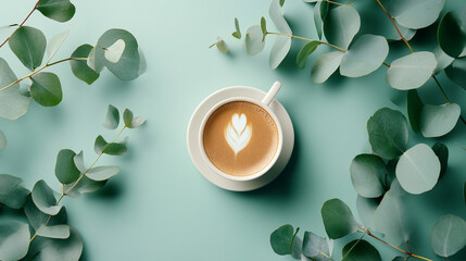 Coffee Mug on Green Table with Eucalyptus Leaves. A serene scene of a coffee cup placed on a green table surrounded by lush eucalyptus leaves, creating a calming and natural ambiance