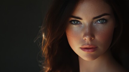 Fototapeta premium Close-up portrait of a young woman with freckles and long brown hair, looking directly at the camera.