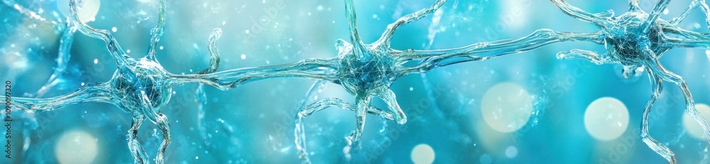 Poster Abstract representation of neurons in a vibrant blue background, suggesting connectivity and science.