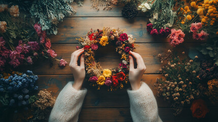 Crafting a Beautiful Floral Wreath with Dried Flowers. A hands-on approach to creating a stunning floral wreath using a variety of dried flowers and natural materials.