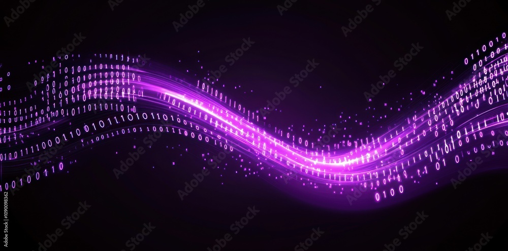 Poster Abstract digital wave with binary code in purple hues, representing technology and data flow.