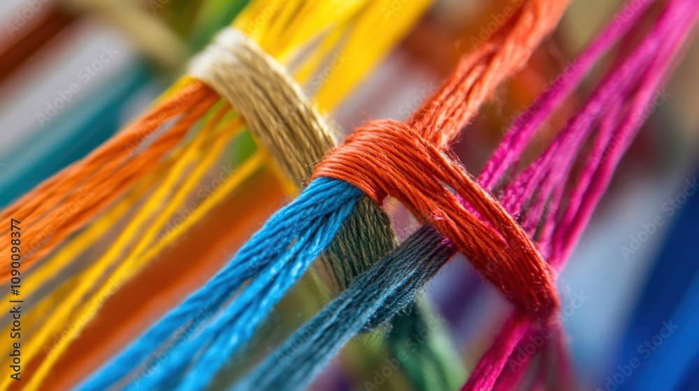Poster A network of colorful threads weaving together into a strong fabric, Representing the interconnectedness and unity of diverse communities, minimalist composition