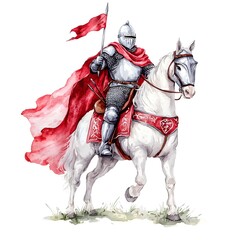 Fototapeta premium Medieval Knight on White Horse Red Cape Watercolor Painting History Fantasy Military