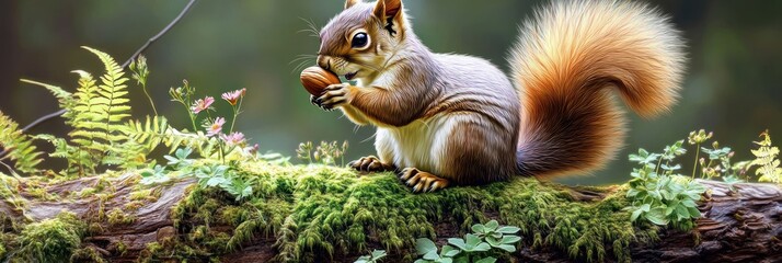 A squirrel sitting on a mossy log, holding an acorn amidst lush greenery.