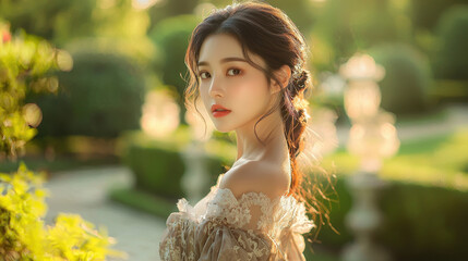 Beautiful Woman in Lace Dress in a Garden