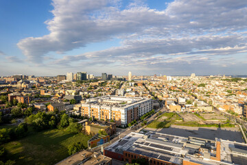 Fototapeta premium Aerial Drone View of Baltimore City Skyline at Sunset