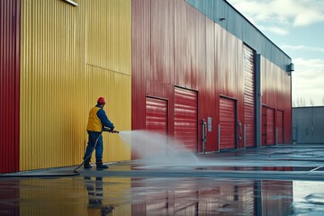 Obraz premium Industrial Building Exterior Cleaning Service Worker Power Washing Red and Yellow Walls 