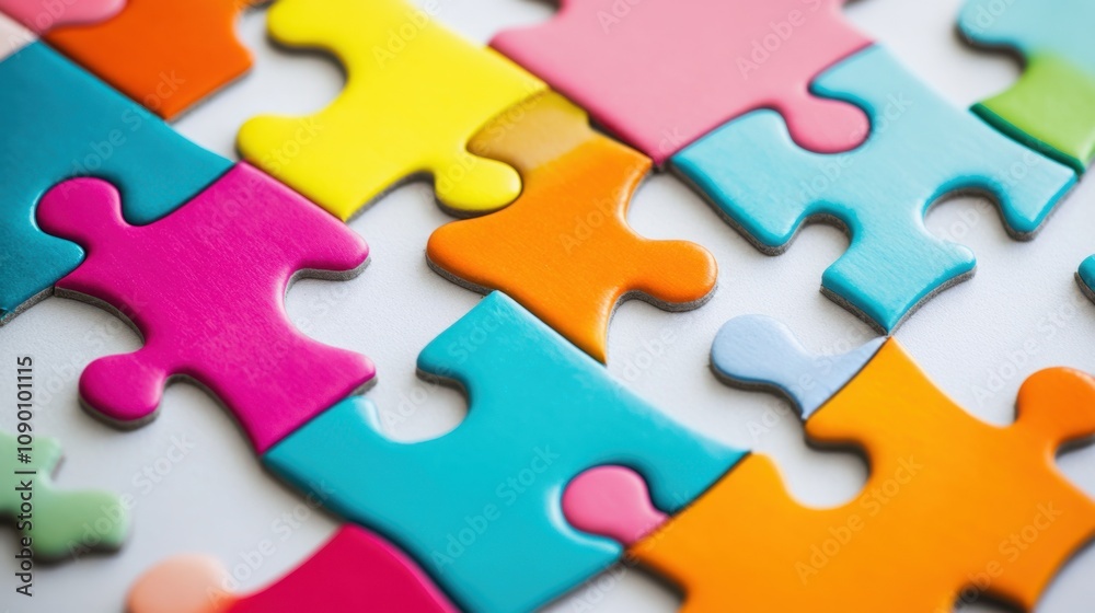 Poster A puzzle with pieces of different colors and shapes, Highlighting the importance of each unique piece in creating a whole, minimalistic style