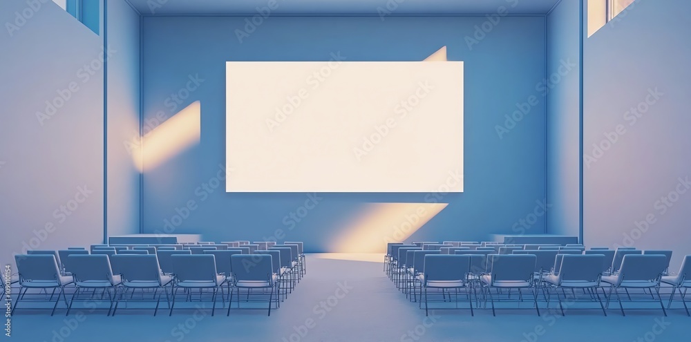 Poster empty minimalist conference room with large blank screen and rows of chairs.