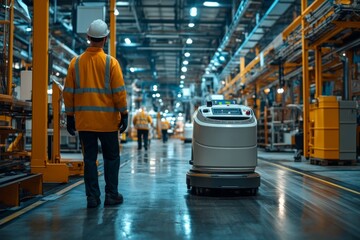 Industrial Worker Observing Automated Guided Vehicle  AGV  in Modern Factory