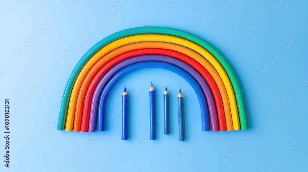 Poster a rainbow formed by pencils of different colors arranged in a curve, representing the creative poten