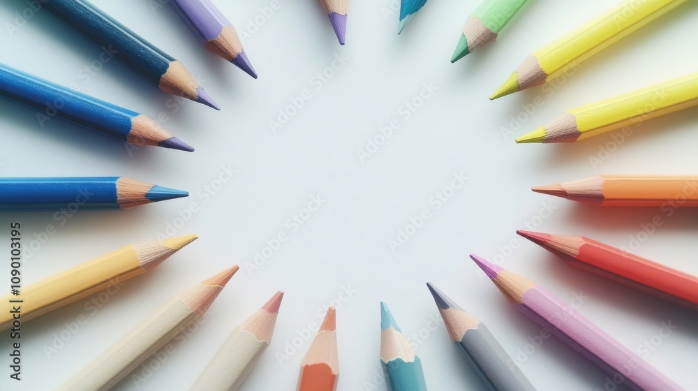 Poster a rainbow of diverse pencils arranged in a circle, symbolizing the creative potential and unity foun