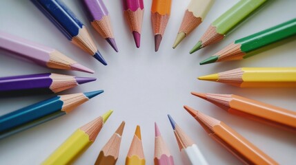 Fototapeta premium A rainbow of diverse pencils arranged in a circle, Symbolizing the creative potential and unity found in diverse perspectives, minimalist composition