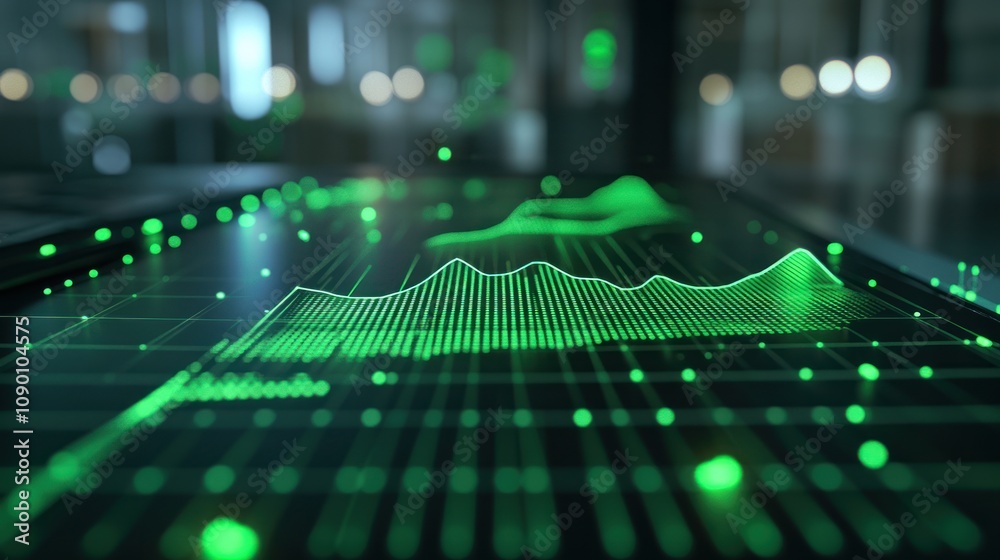 Aufkleber Digital visualization of sound waves with green data points on a dark background.